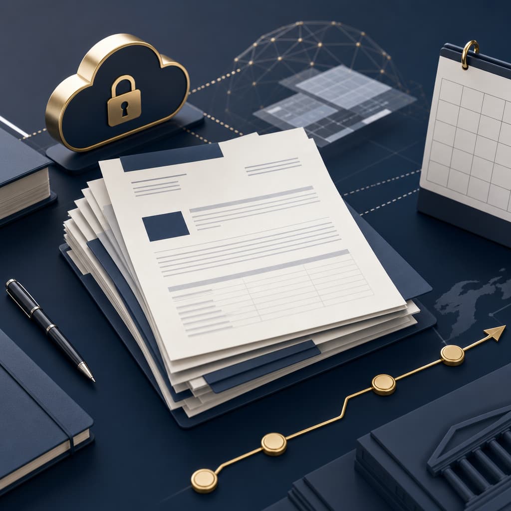 Abstract federal IT procurement documents, secure cloud, calendar, and gold timeline path