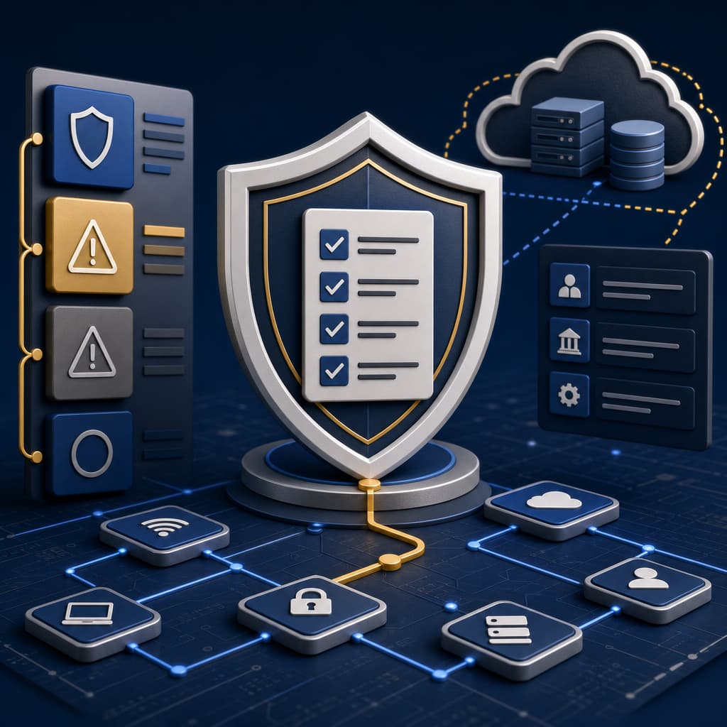 Abstract cybersecurity governance shield, checklist, risk panels, cloud systems, and gold control path
