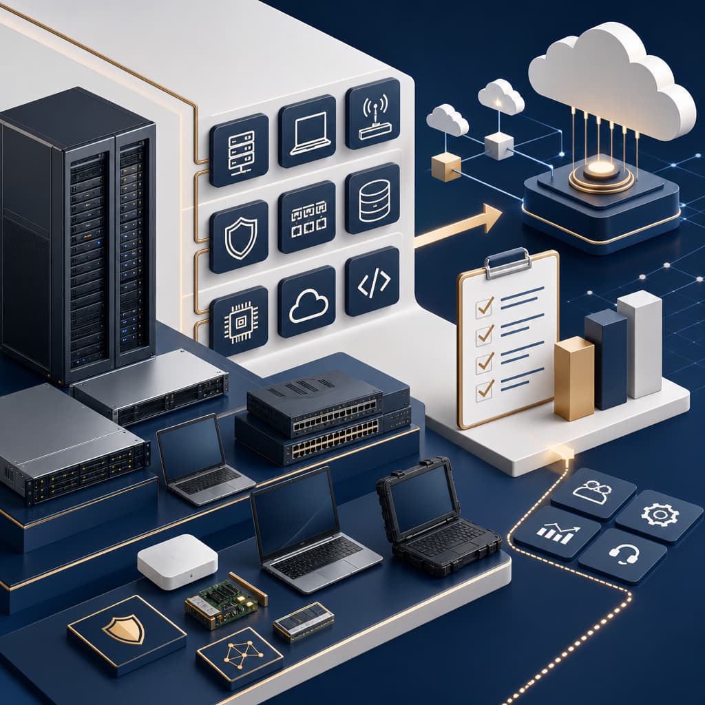 Abstract product-based IT modernization scene with servers, devices, cloud nodes, checklist, and gold connector path