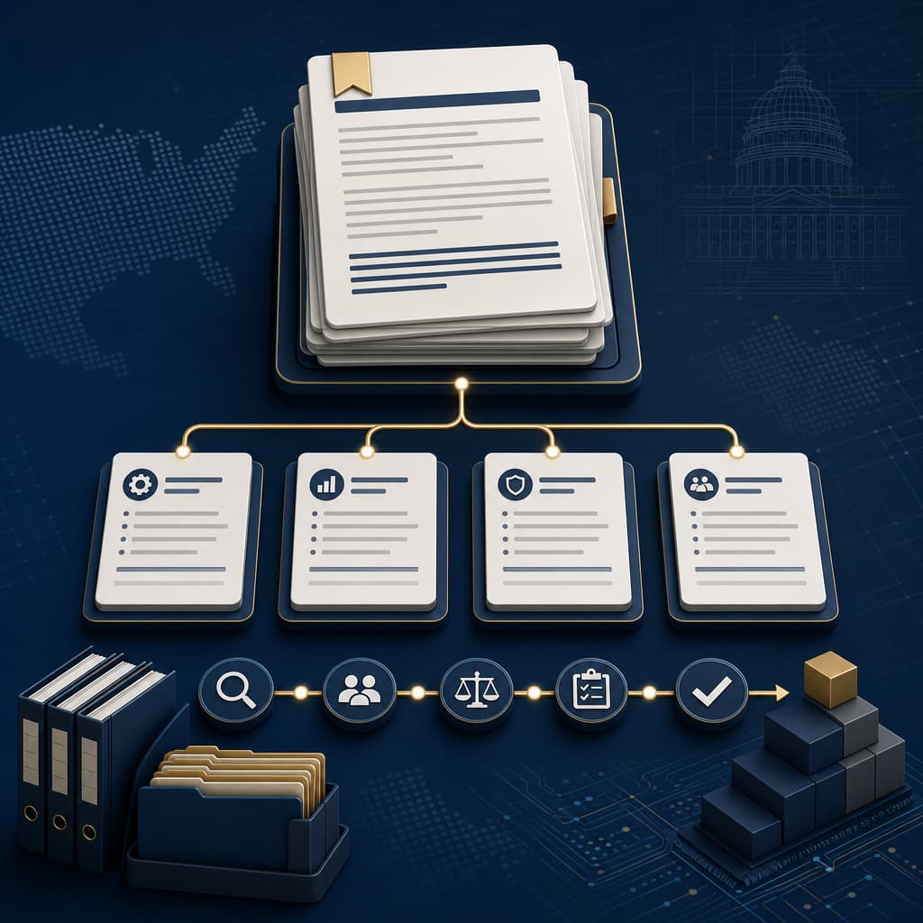 Abstract IDIQ contract document stack branching into task order cards and procurement workflow icons